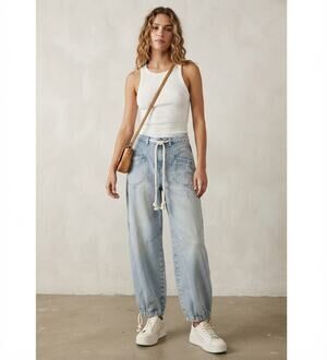 We The Free Free People Barrel Leg Utility Cargo Wide Leg Drawstring Jeans 25